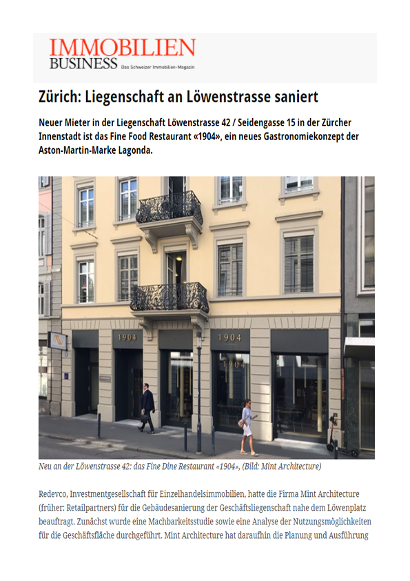 201805 Pres­se Clip­ping Immo­bi­li­en Busi­ness Lie­gen­schaft An Loewenstrasse