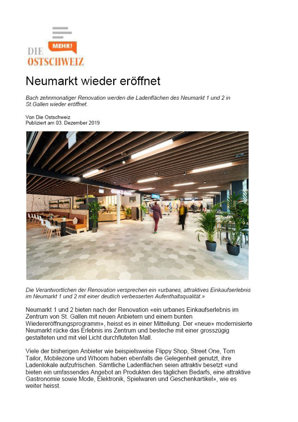 20191201 Pres­se Clip­ping Die Ost­schweiz Neu­markt St Gallen